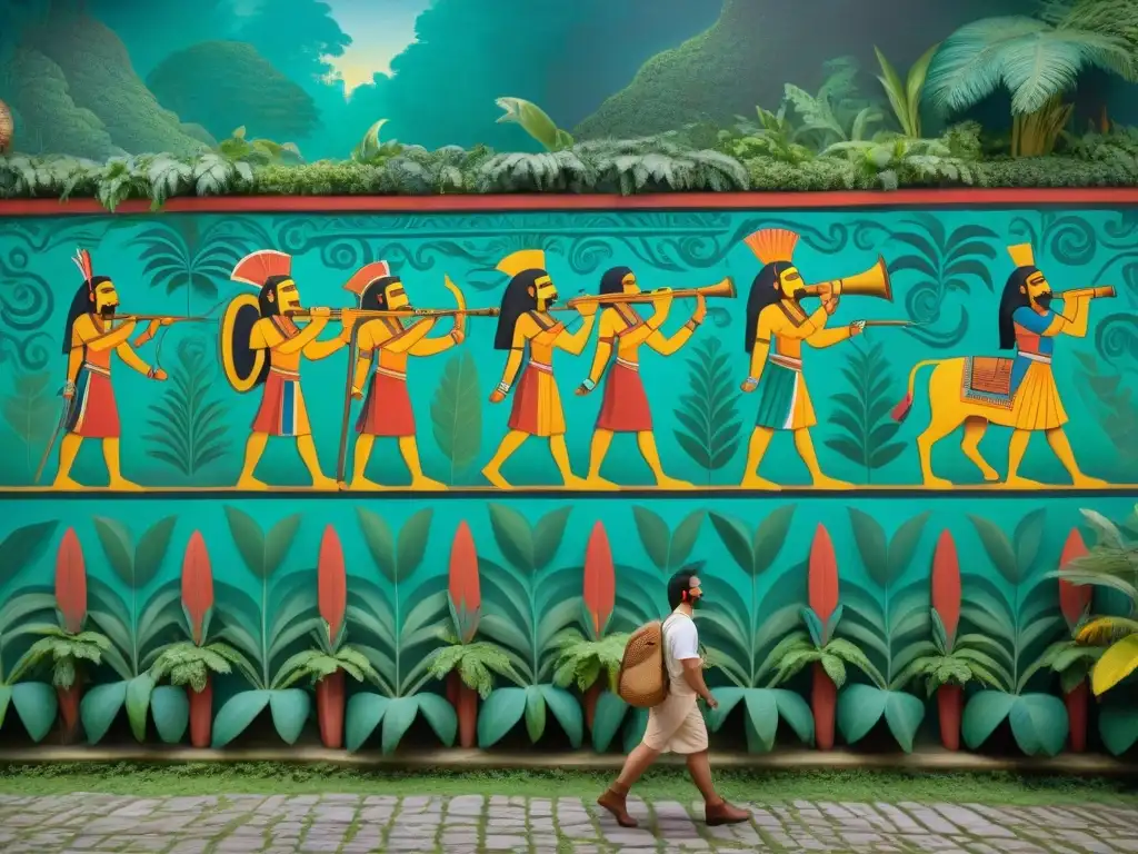 Exploradores europeos asombrados por la pintura maya en un mural vibrante en la selva