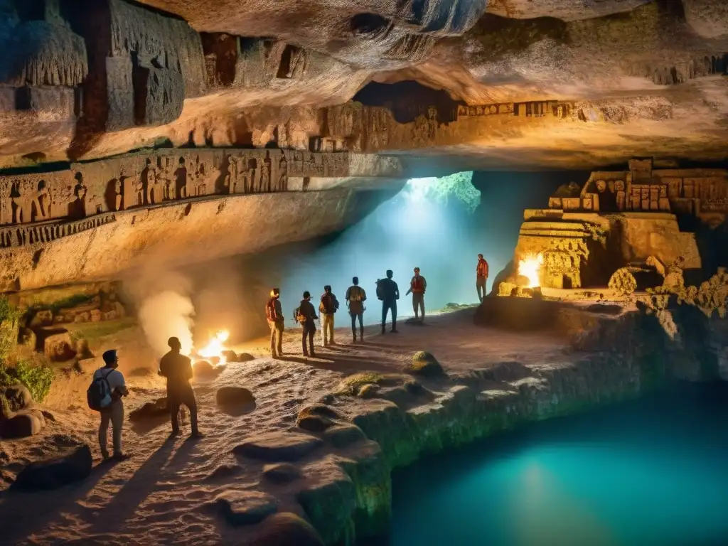 Exploradores iluminados por antorchas en cueva misteriosa, influencia del Xibalbá en creencias