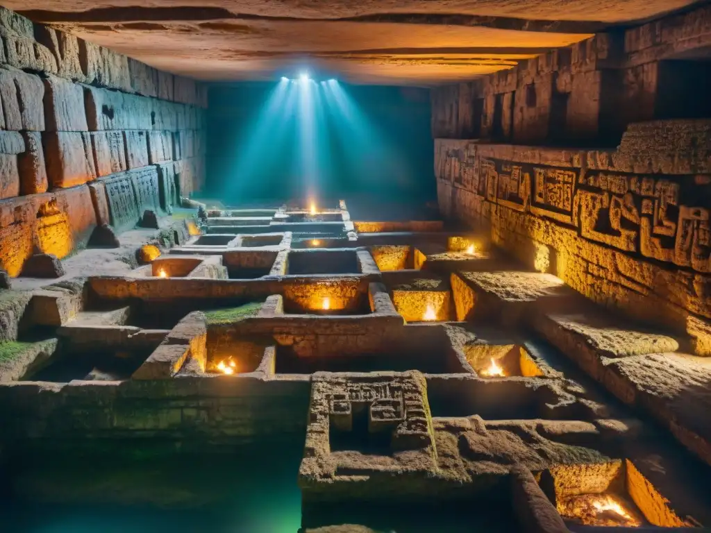 Exploradores iluminan intrincadas estructuras subterráneas en ruinas mayas con antorchas