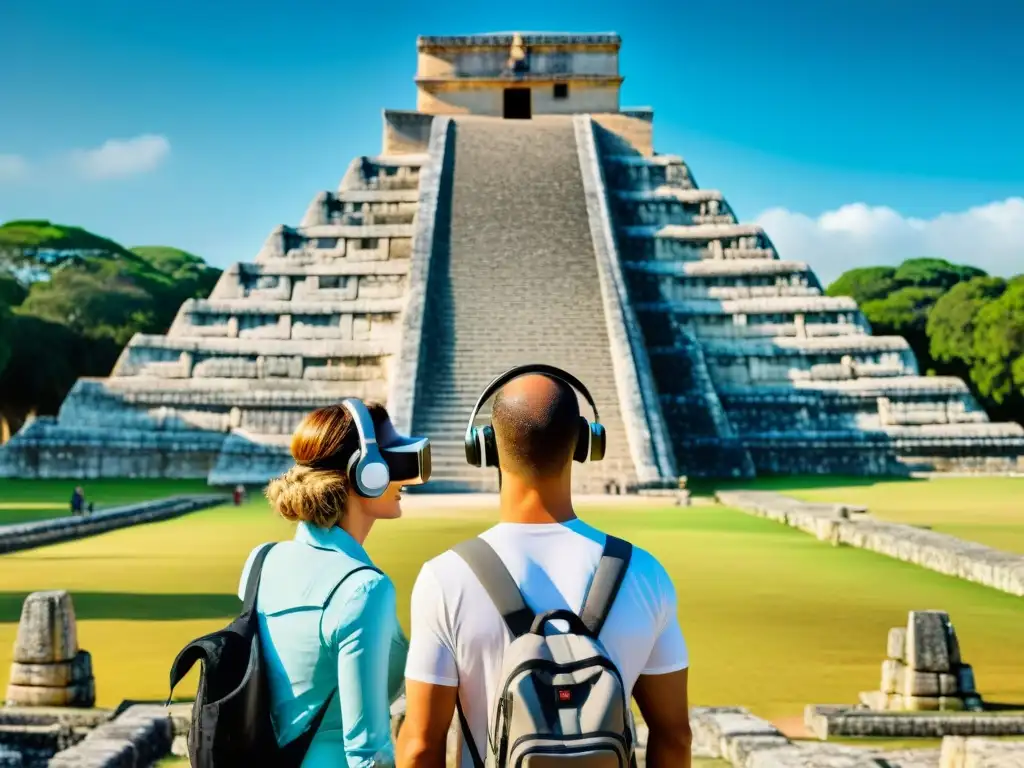 Exploradores maravillados por Apps realidad aumentada Chichén Itzá, fusionando historia y tecnología en las ruinas mayas