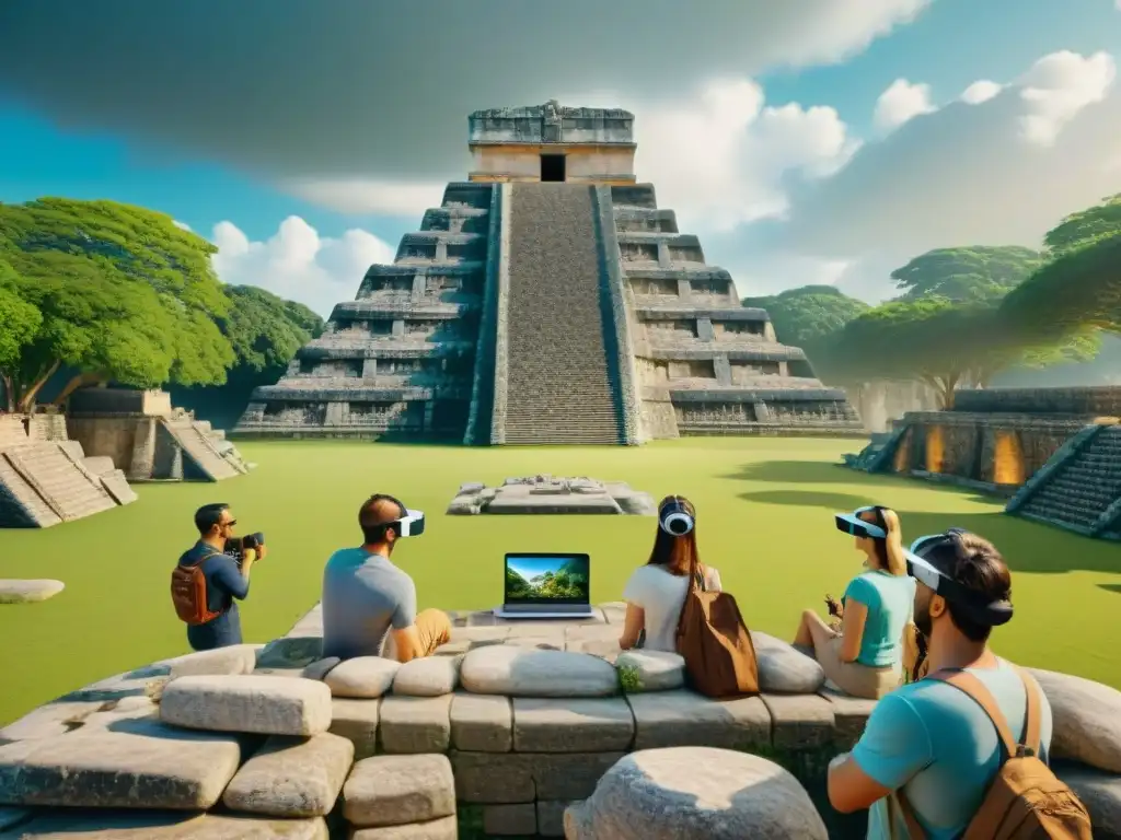 Exploradores maravillados con las Apps realidad aumentada Chichén Itzá en ruinas mayas