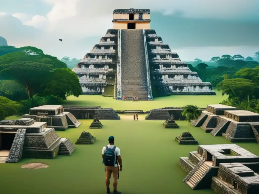 Exploradores en ruinas mayas con Apps de realidad aumentada turismo maya