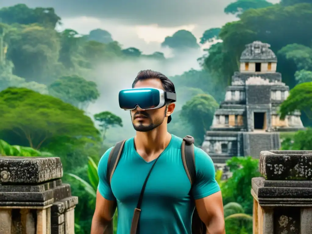 Exploradores en ruinas mayas con AR, fusionando tecnología y historia