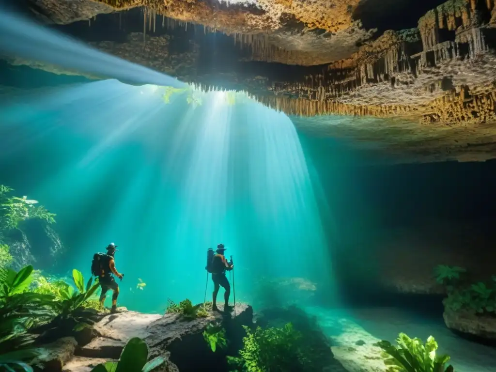 Exploradores descienden por un sendero estrecho hacia un cenote sagrado maya, reflejos en el agua cristalina