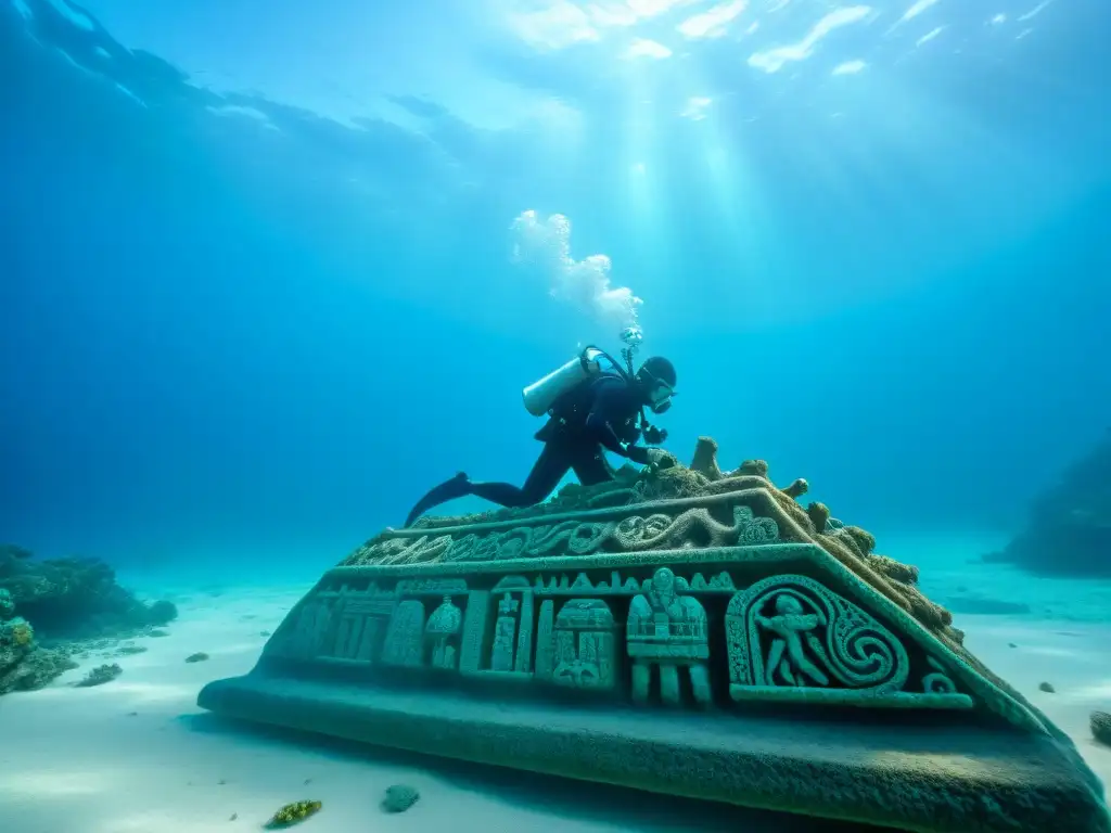 Exploradores submarinos desenterrando artefactos mayas bajo el mar, rodeados de misterio y belleza acuática