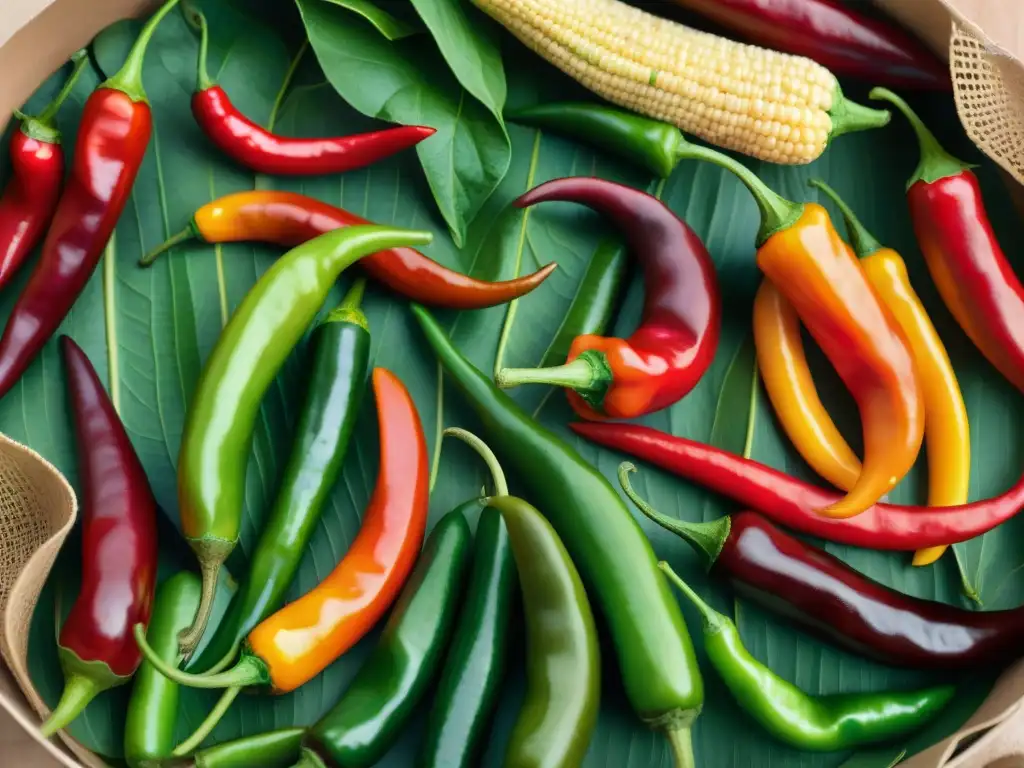 Una explosión de chiles vibrantes en un campo maya, con variedad de formas y colores