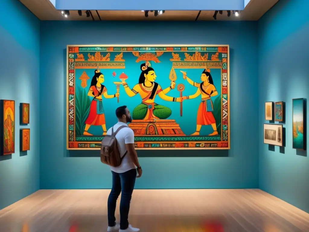 Una exposición de arte moderno inspirada en mitos mayas, con colores vibrantes y detalles intrincados