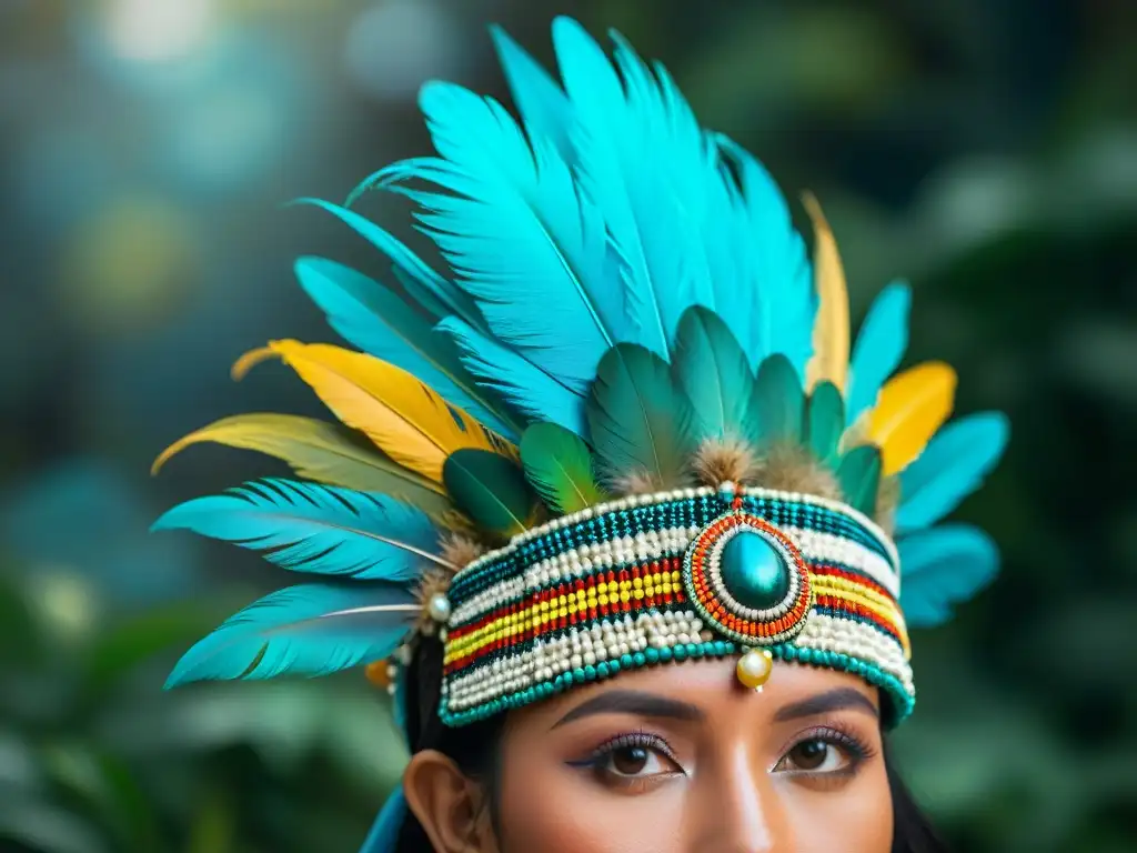 Una exquisita diadema maya con plumas vibrantes en patrón hipnótico