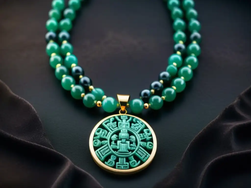 Una exquisita joya maya de jade, con detalles intrincados y colores vibrantes, en un fondo de terciopelo oscuro