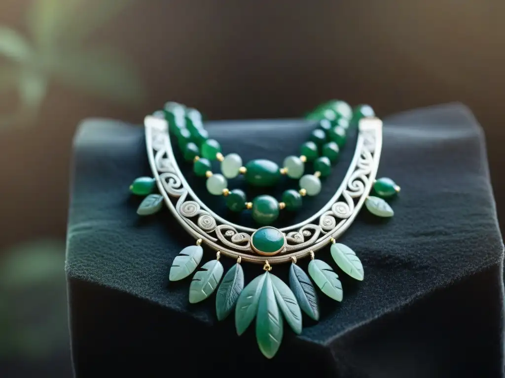 Exquisita joyería maya colección virtual: collar de jade detallado con patrones geométricos sobre terciopelo oscuro