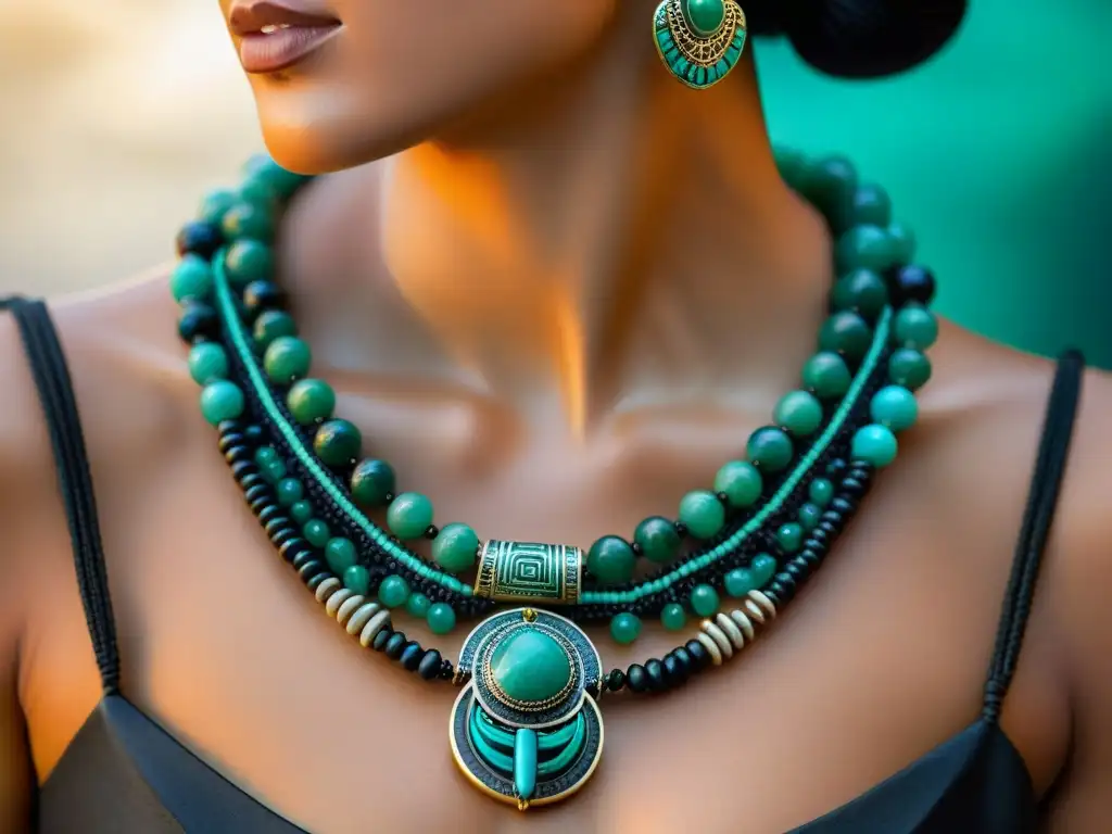 Exquisita joyería maya: collar de jade con detalles en obsidiana y turquesa, reflejo de la evolución del estilo en el tiempo