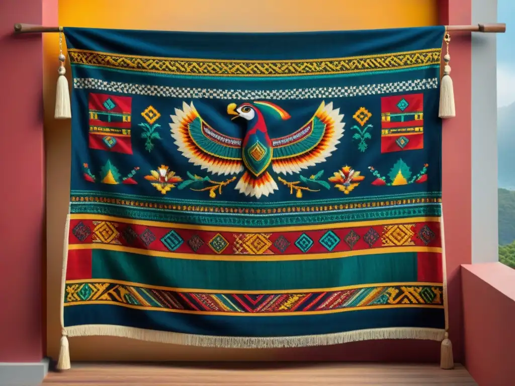 Exquisito textil maya con significado colores cosmovisión maya: quetzales, jaguares y patrones geométricos en vibrantes tonalidades