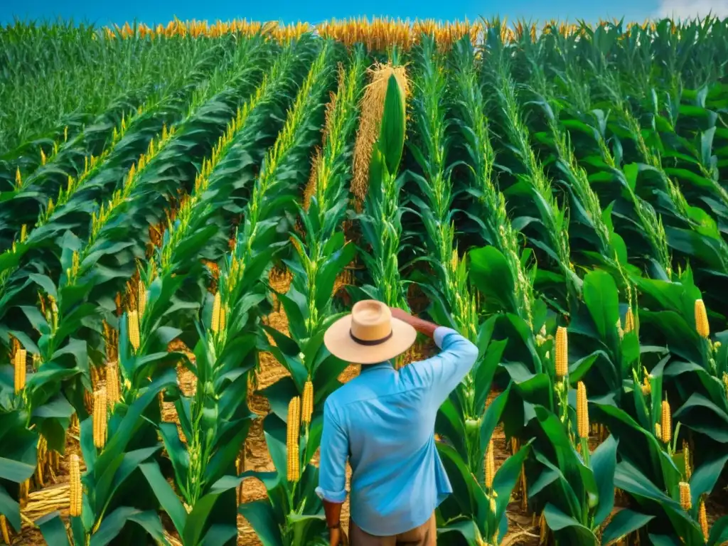 Una extensa plantación de maíz, con mazorcas doradas y agricultores mayas