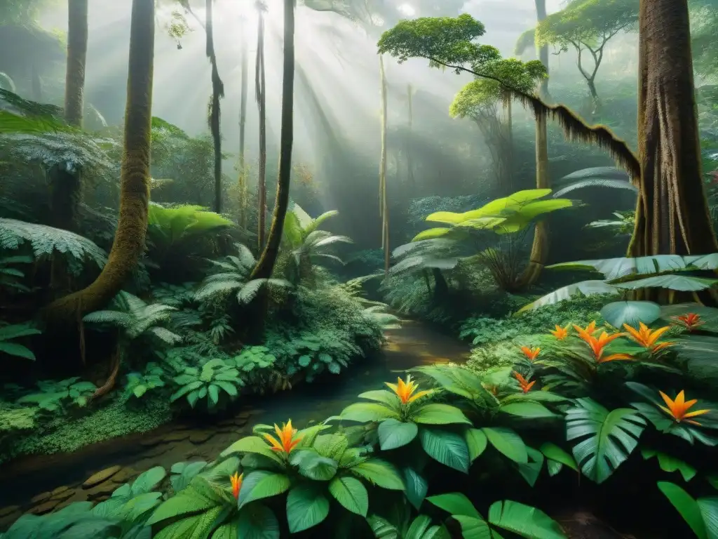 Un exuberante bosque maya con diversa flora y fauna, raíces intrincadas, flores vibrantes, un arroyo cristalino y aves únicas