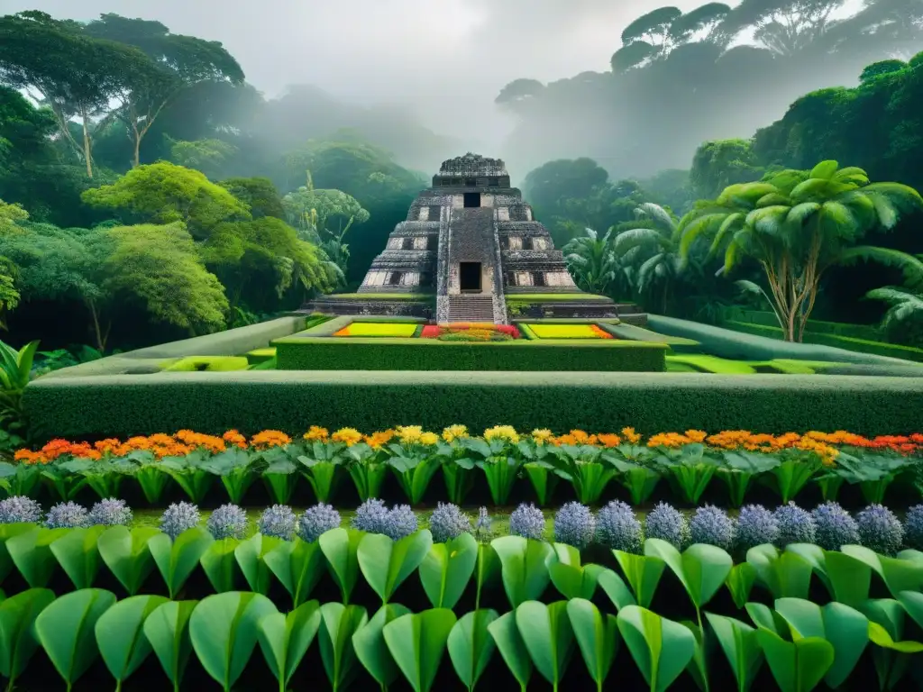 Jardín botánico exuberante con cerámica y símbolos mayas, reflejando la influencia del Calendario agrícola maya educativo