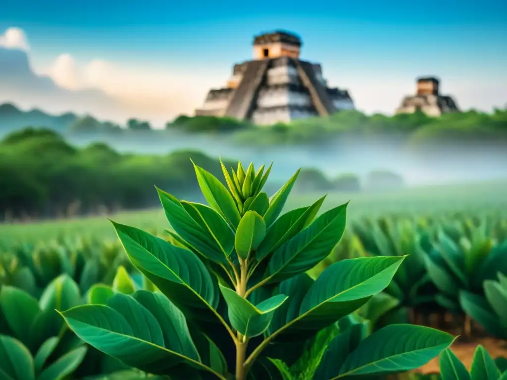 Chaya Mayan: planta sagrada en campo ancestral Una exuberante chaya maya destaca en un campo maya con ruinas antiguas al fondo, resaltando los beneficios de la chaya maya