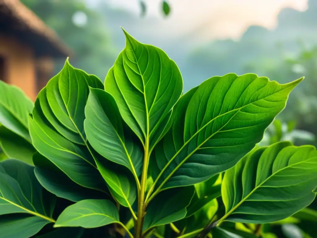 Chaya Maya: el tesoro verde de la salud La exuberante chaya maya en un jardín medicinal maya, resaltando sus hojas verdes y carnosas con venas detalladas bajo la luz del sol