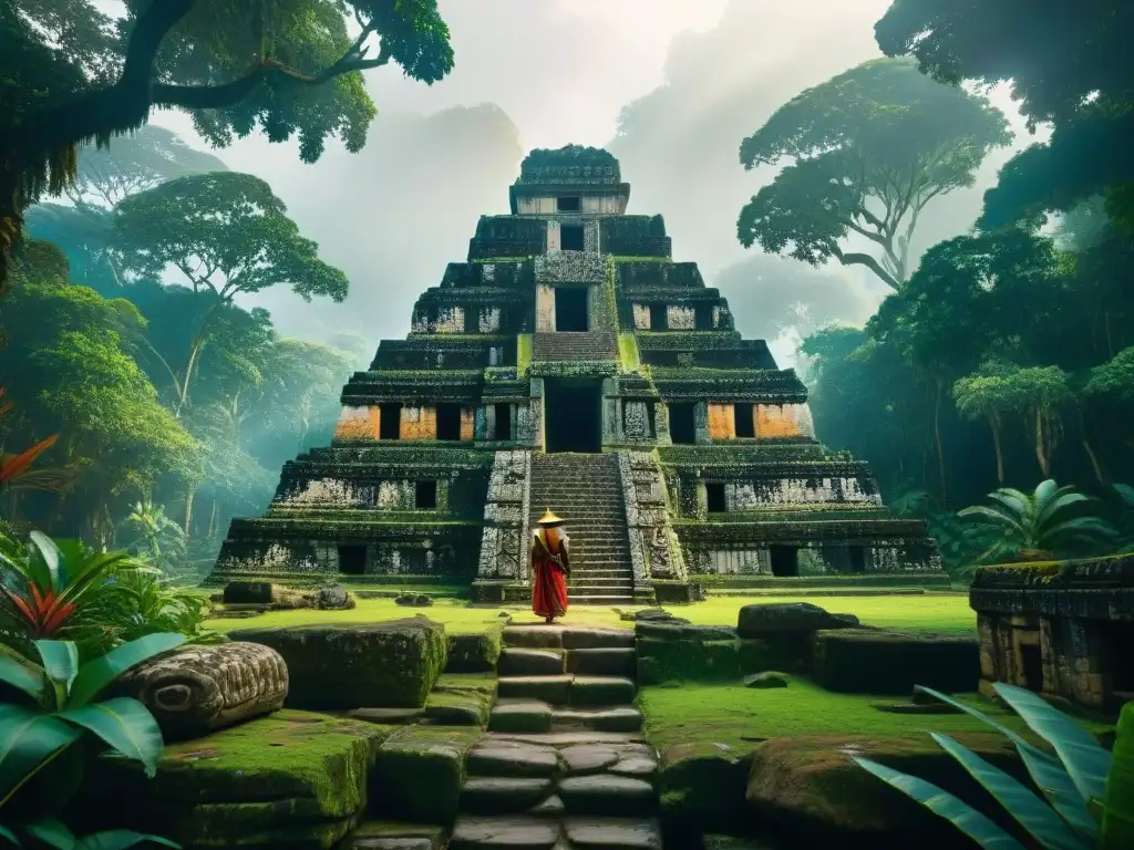 Selva maya ancestral: ruinas entre la exuberante vegetación Inmersión en la exuberante jungla maya con ruinas antiguas entre la densa vegetación