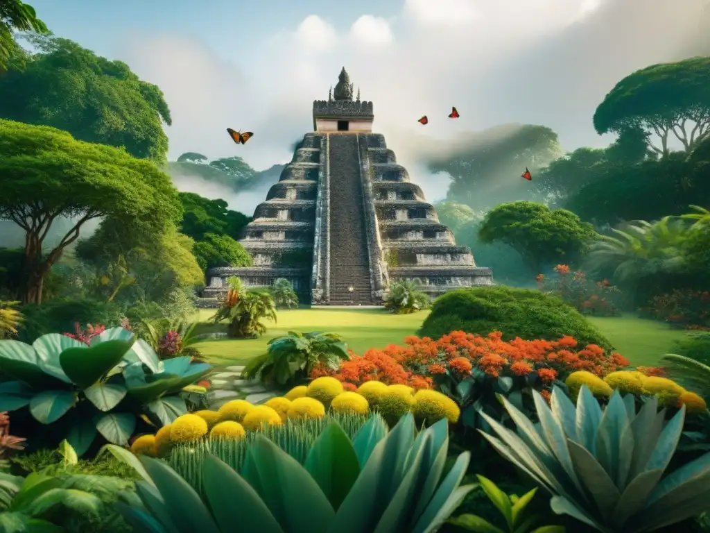 Un exuberante jardín maya con diversidad de especies, mariposas coloridas y abejas polinizando