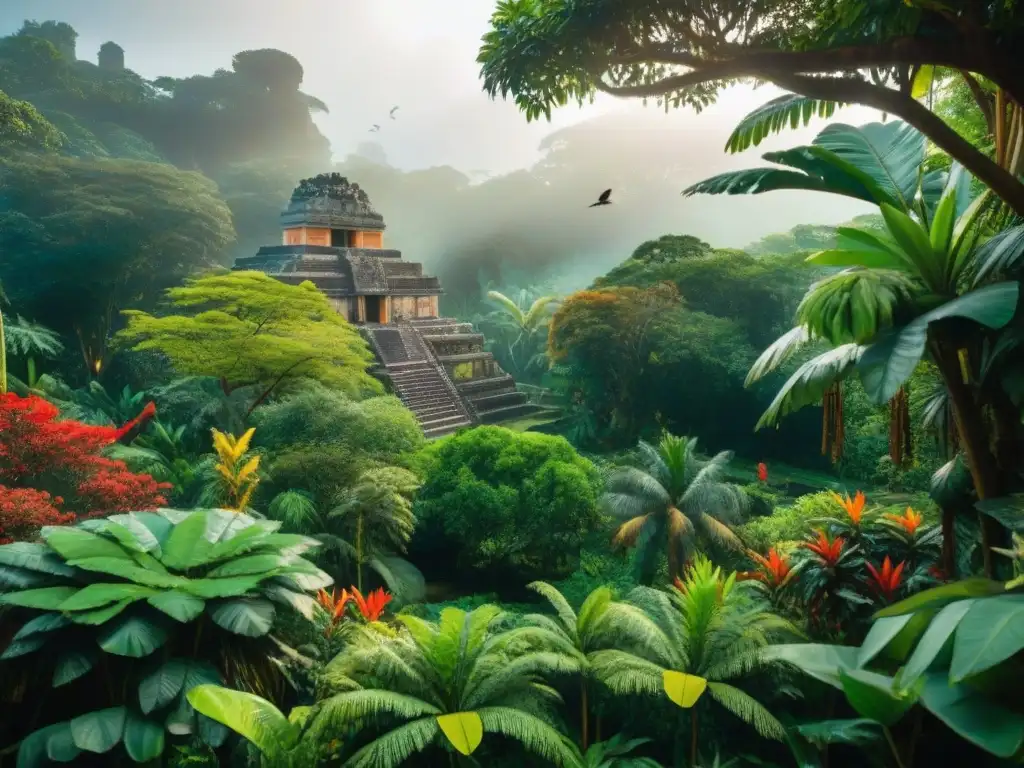 Un exuberante jardín maya muestra la conservación de especies en jardines mayas, destacando un majestuoso Quetzal