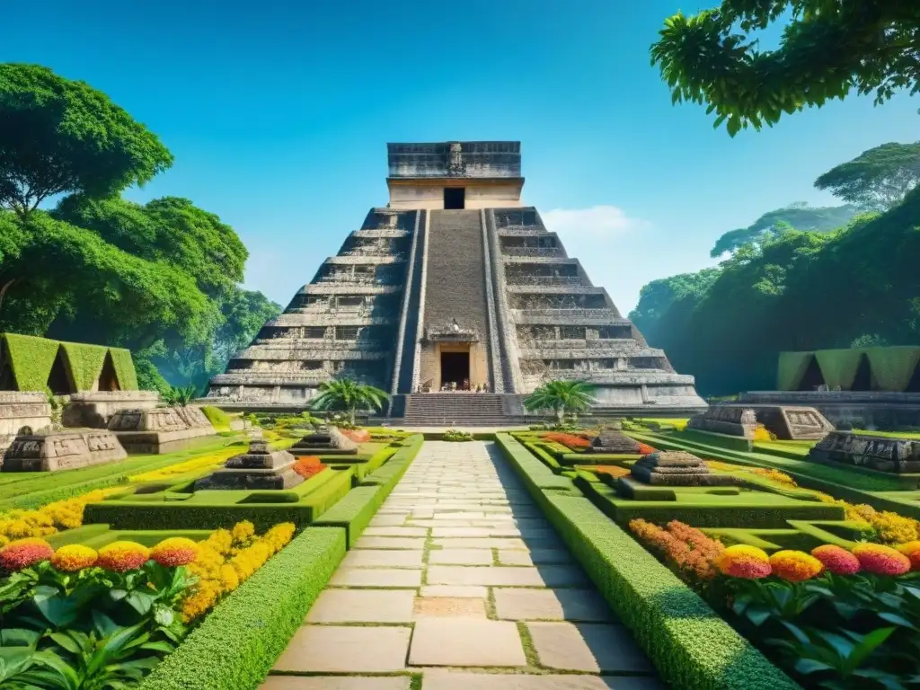 Un exuberante jardín maya con flores vibrantes, esculturas y una pirámide al fondo