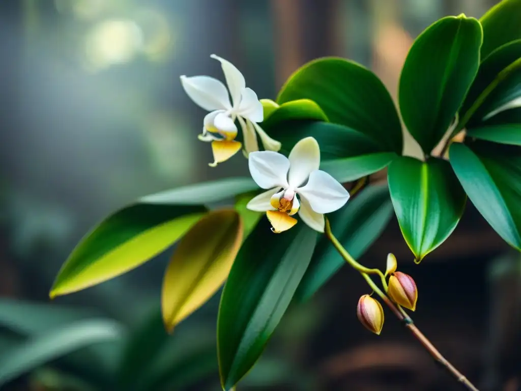 Exuberante orquídea de vainilla en la selva tropical, con hojas verdes y delicadas vainas