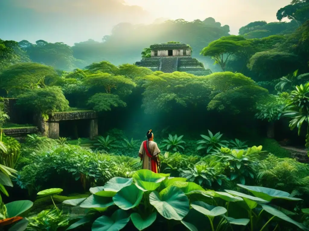 Un jardín botánico maya exuberante con plantas sagradas, ruinas antiguas y un chamán maya