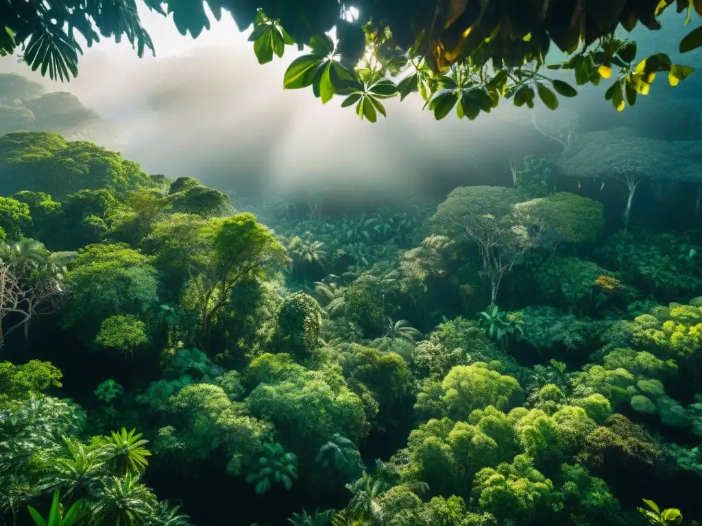 Una exuberante selva en la península de Yucatán con aves, insectos y ruinas mayas, ilustrando la conservación biodiversidad legado maya