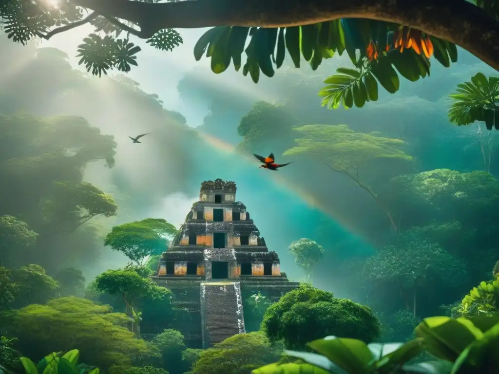 Una exuberante selva tropical en la civilización maya: árboles altos, ruinas y monos