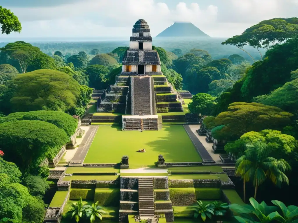 Explora los exuberantes jardines urbanos y espacios verdes de la antigua ciudad maya de Tikal, fusionando arquitectura y naturaleza