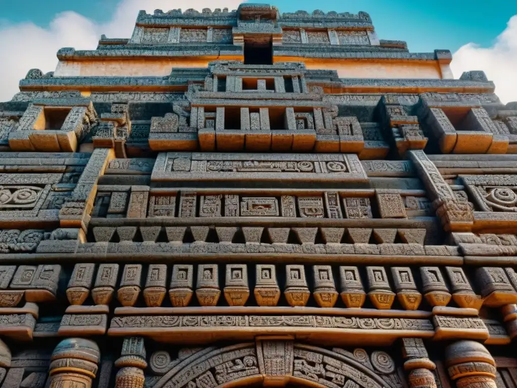 Fachada detallada del Palacio de Sayil en la Ruta Puuc, mostrando elementos decorativos y patrones geométricos en piedra antigua