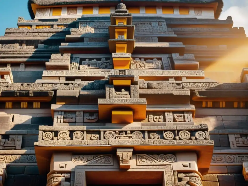 La fachada detallada de un templo maya, resalta la innovación de los Materiales de construcción mayas innovadores