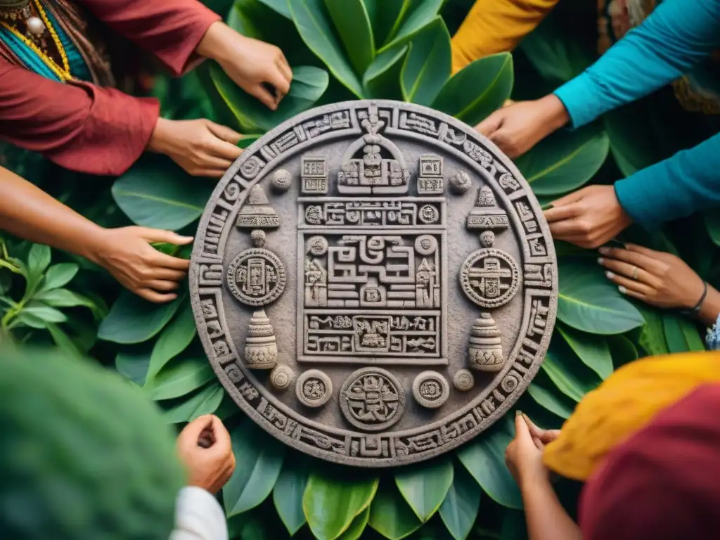 Una familia contemporánea maya se reúne alrededor de un calendario tradicional, fusionando tradiciones antiguas con la vida moderna