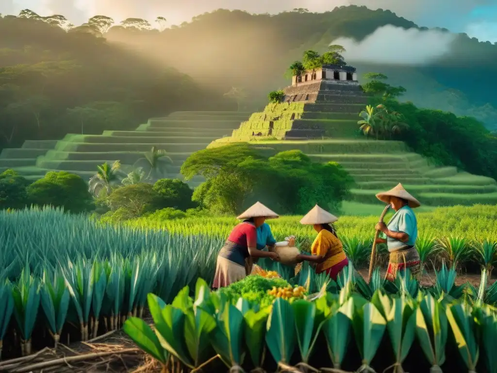 Una familia maya cosechando yuca y camote al atardecer en un campo tropical exuberante