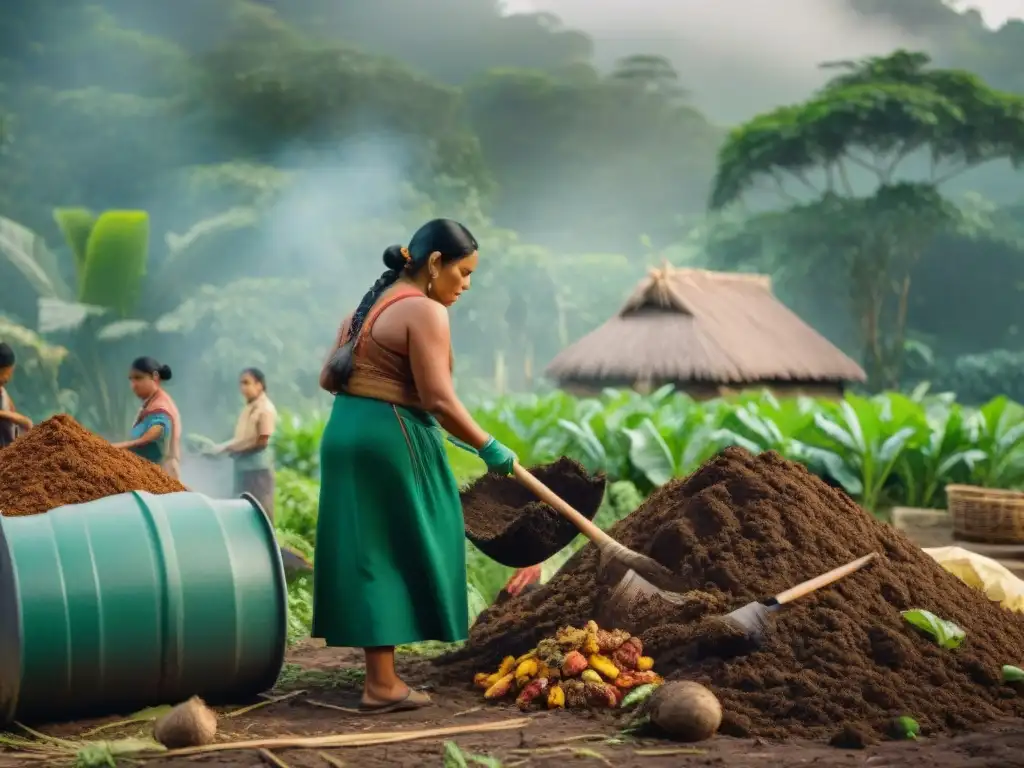 Una familia maya en atuendo tradicional practica técnicas de compostaje maya ancestral en armonía con la naturaleza