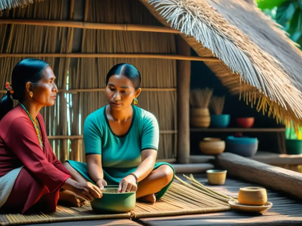 Familia maya en Topoxté tejiendo, pescando y cocinando en una cabaña de paja, muestra la transición cultural maya en Topoxté