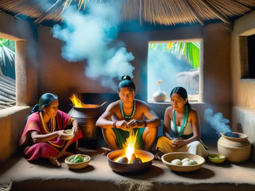 Una familia maya cocina un sabroso guiso de yuca en su cocina tradicional de palma, resaltando la alimentación con yuca en la cultura maya