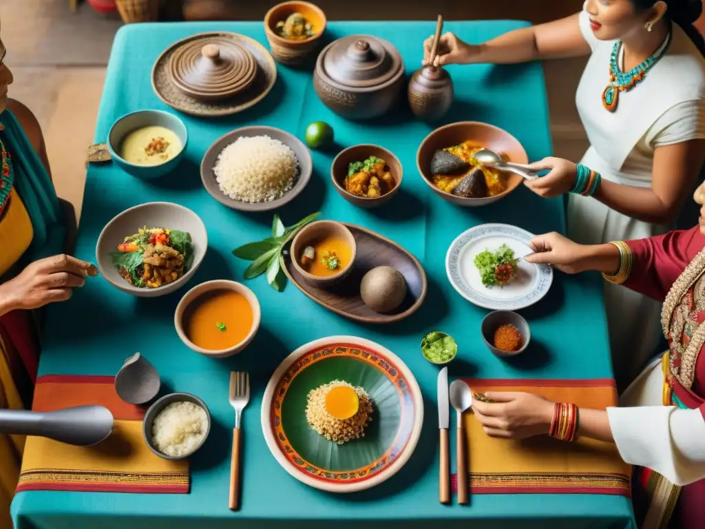 Una familia maya disfruta de una colorida comida en su cocina, reflejando la dieta y alimentación en sociedad maya