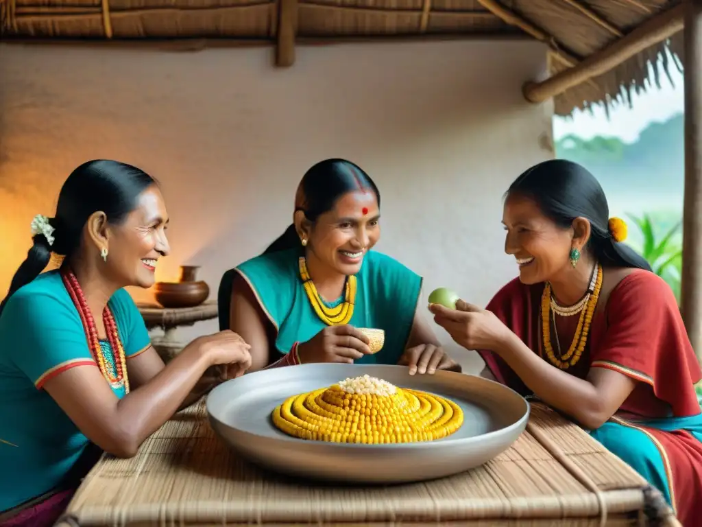 Una familia Maya disfruta de una comida con maíz, reflejando la importancia del maíz en la cultura maya