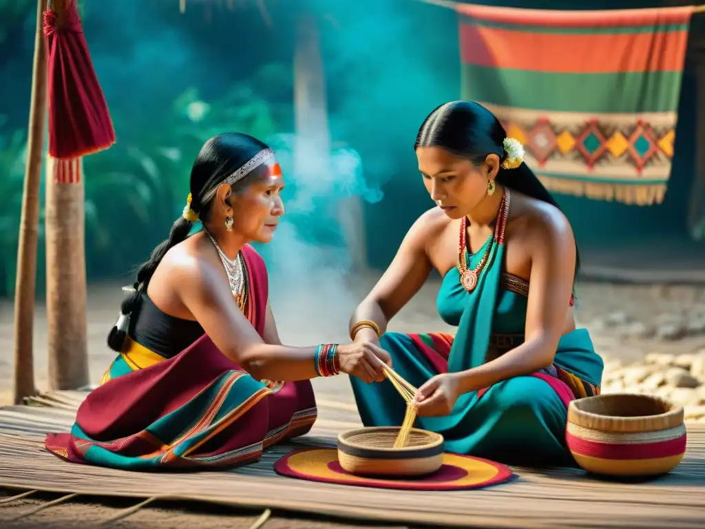 Una familia maya contemporánea tejiendo textiles en un pueblo tradicional