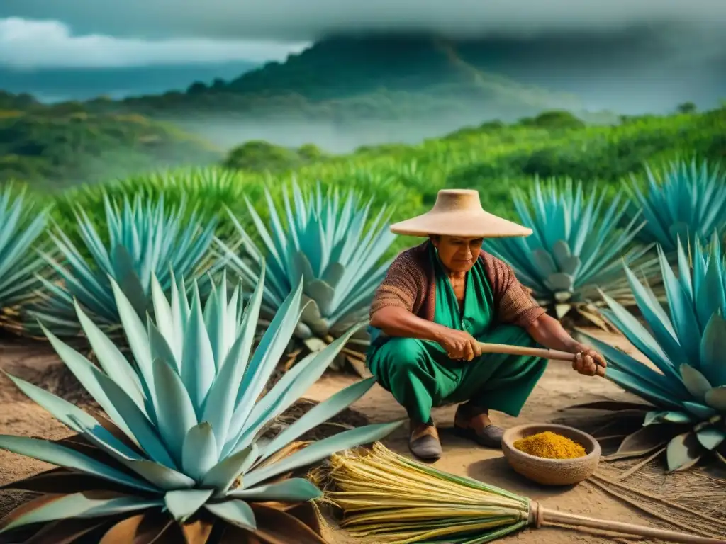 Familia maya extrayendo fibras de maguey en paisaje árido