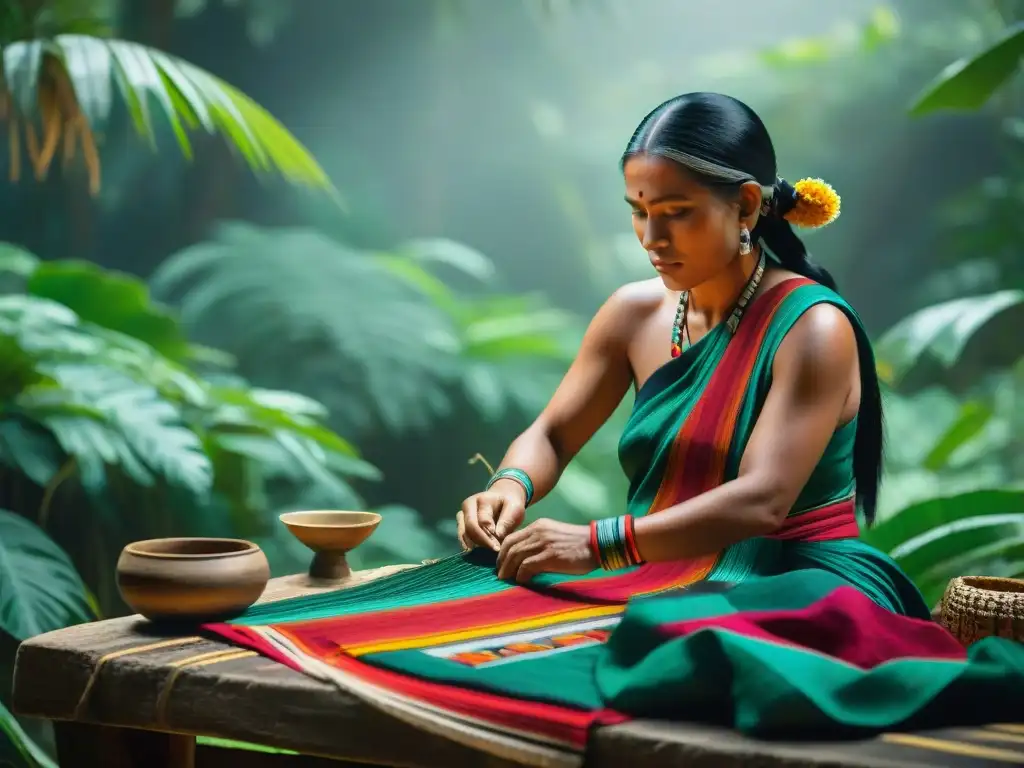 Una familia maya tejiendo con hilos coloridos en la selva, transmitiendo fibras morales sociedad maya