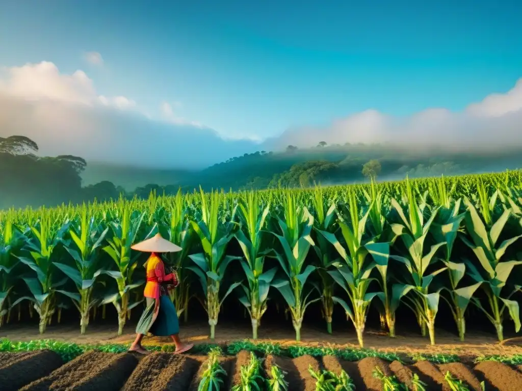 Milpa Maya: Familia trabajando en armonía con la naturaleza Familia maya en milpa: cosechan maíz, frijoles y calabaza, simbolizando armonía con la naturaleza y dieta sostenible milpa maya