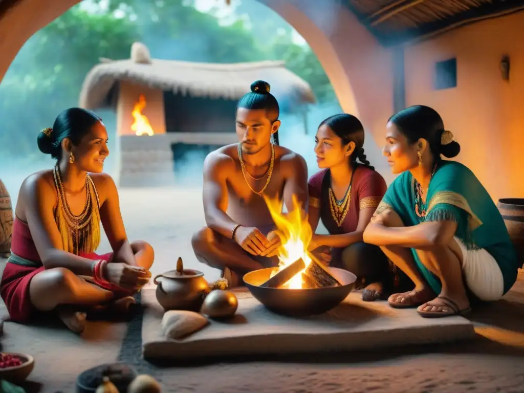 Una familia maya moderna preparando un banquete ceremonial en hogar tradicional, fusionando tradiciones mayas con vida contemporánea