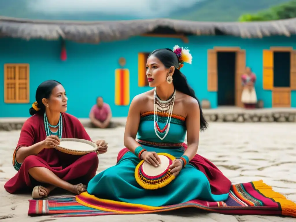 Una familia maya moderna practica costumbres tradicionales en una plaza colorida