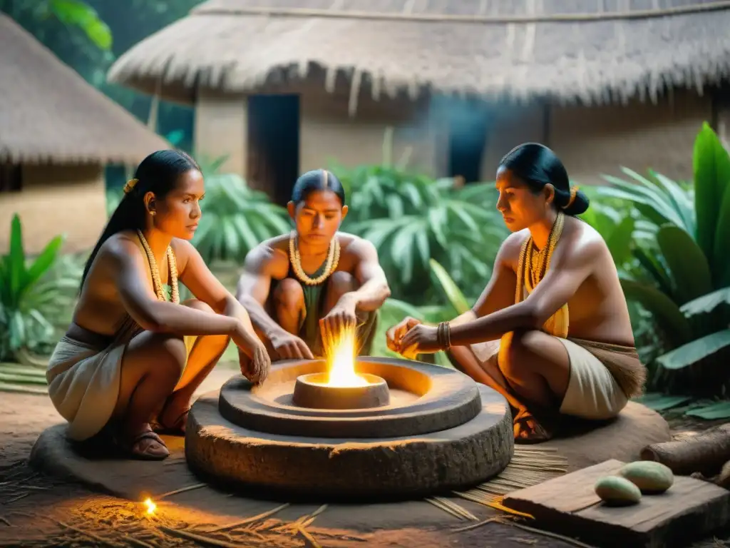 Una familia maya procesa yuca en molino de piedra, destacando su cultura y tradiciones