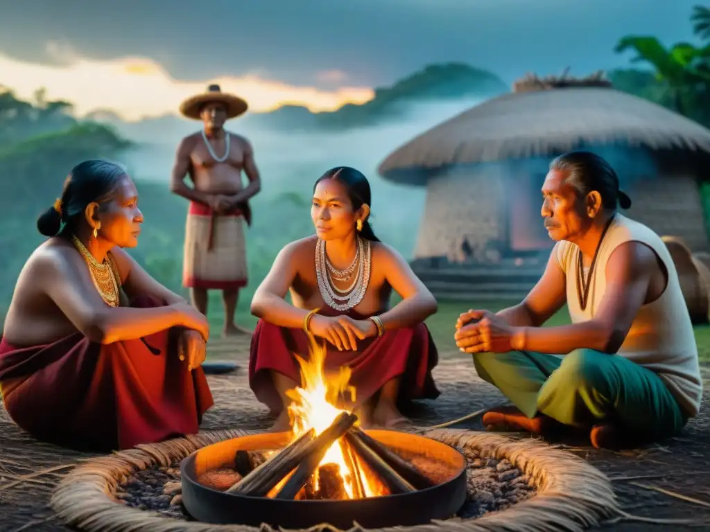 Una familia maya reunida alrededor de una fogata, compartiendo sabiduría y vínculos generacionales