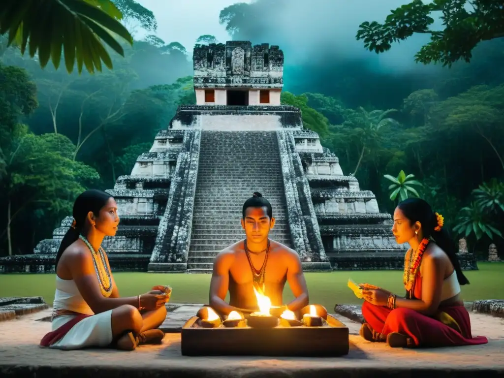 Una familia maya realiza un ritual en un altar con ofrendas y vestimenta tradicional