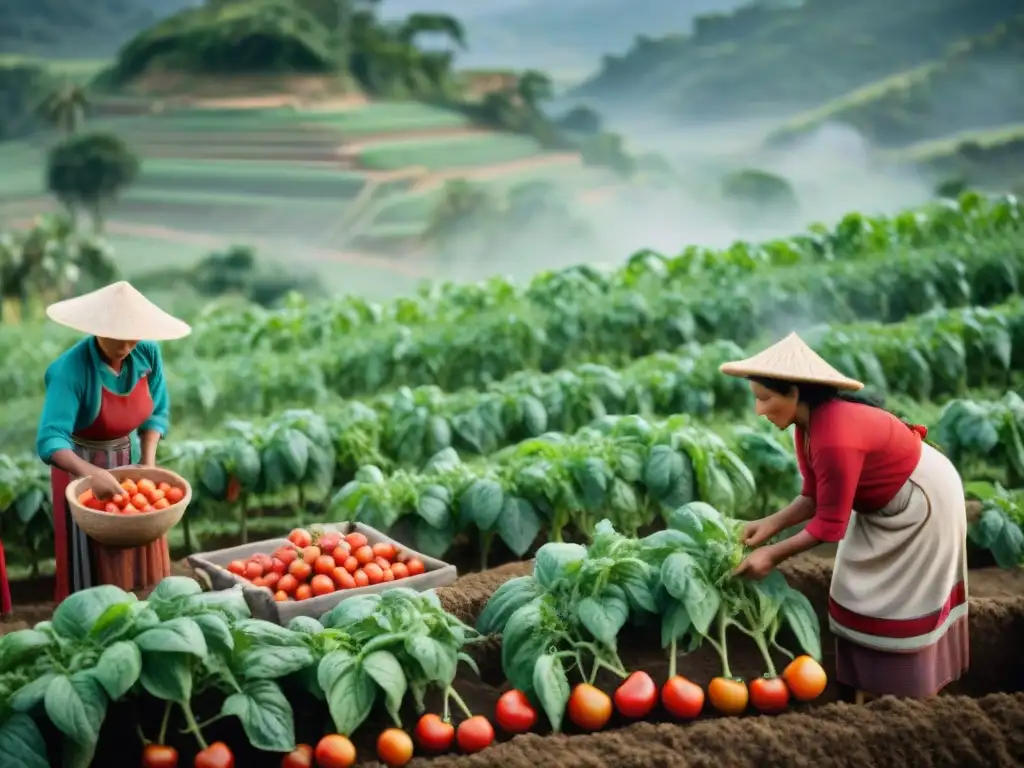 Una familia maya cosecha tomates rojos en campo terrazado, destacando el sistema de riego ancestral y la conservación de agua