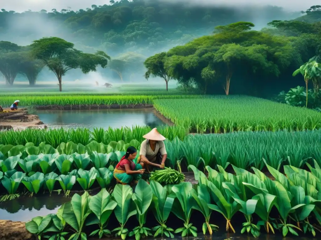 Una familia maya tradicional trabaja en un campo de maíz verde, practicando técnicas avanzadas de conservación de agua